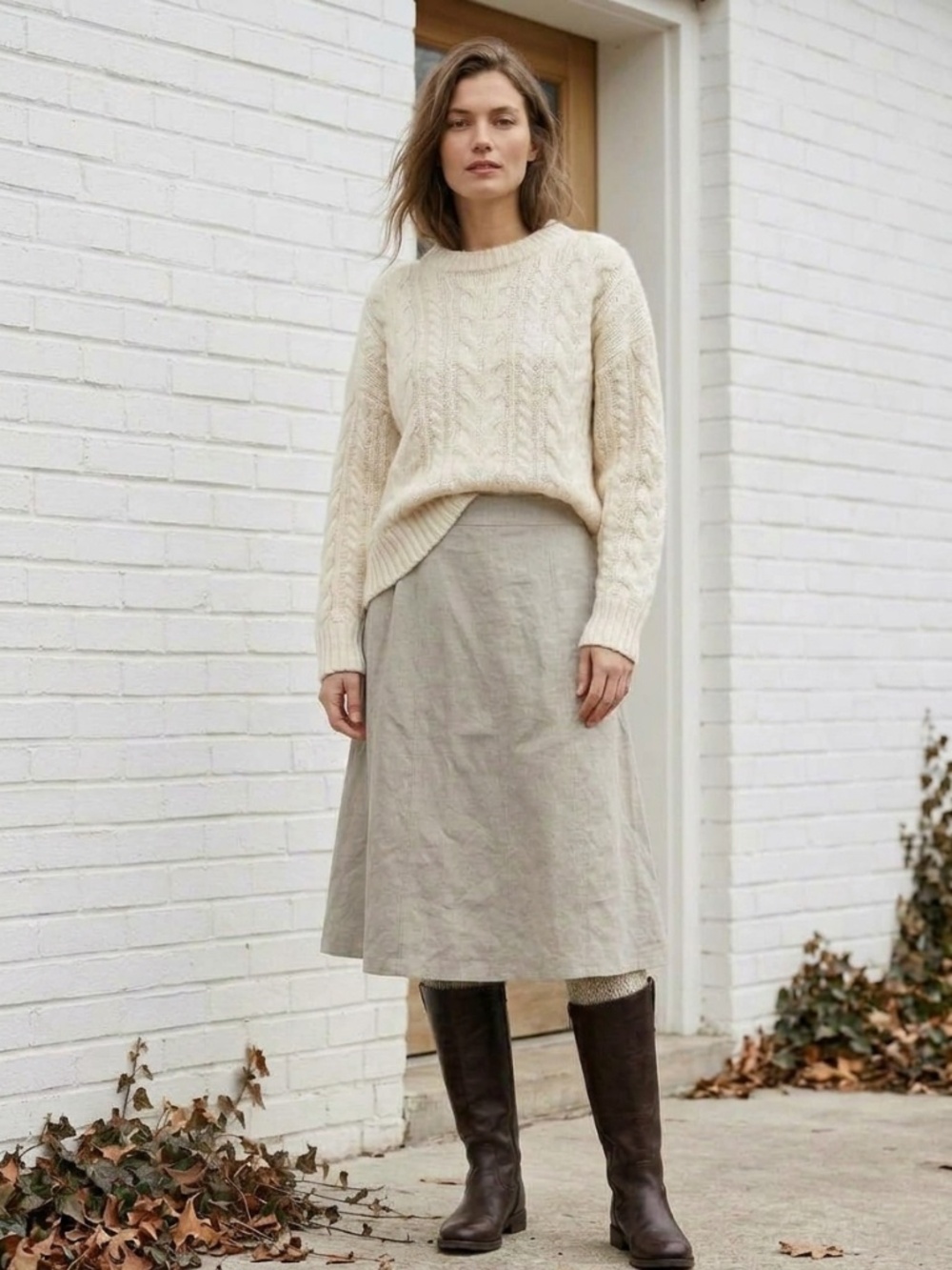 Vanity Fair Linen Blend Midi Skirt 16P Beige Tan Embroidered Hem Petite